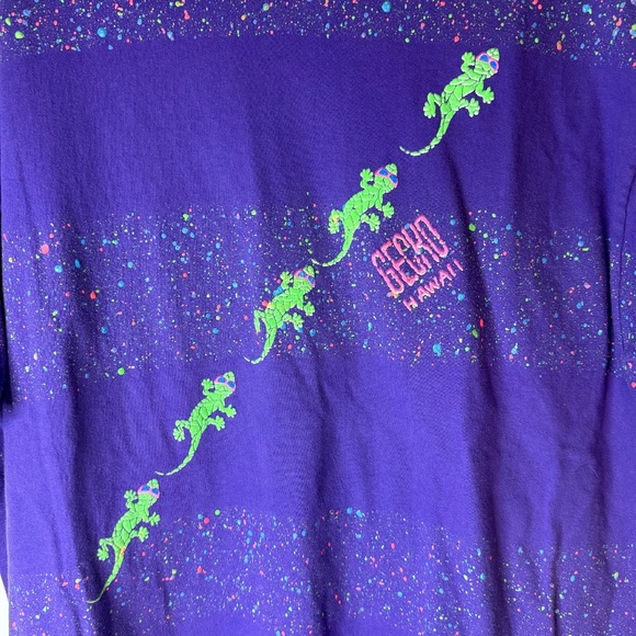 VINTAGE GECKO HAWAII T-SHIRT NEON SPLATTER STRIPE PAINT SINGLE STITCH 80s 90s - Picture 2 of 5